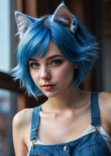 cat ears,pixie-bob,kat,blue hair,anime girl,girl in overalls,pixie,denim bow,cat with blue eyes,domestic short-haired cat,feline look,feline,lis,holly blue,cartoon cat,cute cat,alley cat,cat tail,blu,blue tiger