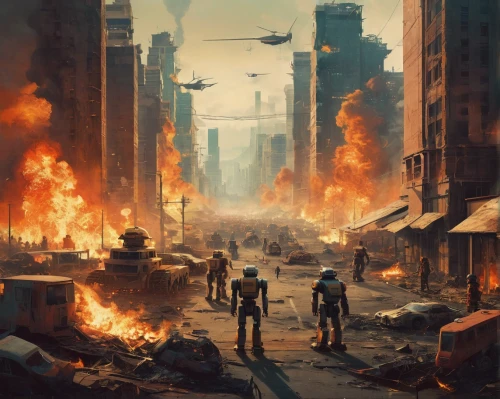 post apocalyptic,apocalyptic,post-apocalypse,post-apocalyptic landscape,apocalypse,destroyed city,district 9,city in flames,war zone,dystopian,sci fiction illustration,fallout4,riot,dystopia,wasteland,firefighters,lost in war,explosions,fire land,the end of the world,Conceptual Art,Daily,Daily 20