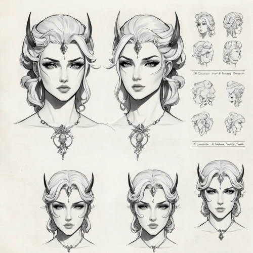 hairstyles,princess' earring,faun,violet head elf,earrings,crown icons,elven,icon set,cassiopeia,male elf,vintage fairies,horns,elves,vintage drawing,headpiece,costume design,laurel wreath,fairy tale icons,crowns,fawns,Unique,Design,Character Design