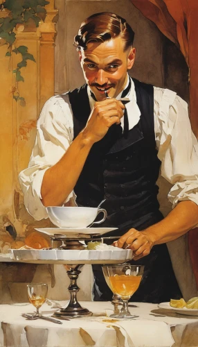 waiter,viennese cuisine,stemware,men chef,winemaker,gastronomy,southern cooking,cuisine classique,pipe smoking,cream of pumpkin soup,pouring tea,fondue,appetite,apéritif,restaurants online,enrico caruso,sicilian cuisine,cookery,balsamic vinegar,tetleys,Illustration,Paper based,Paper Based 23