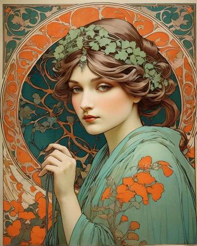 mucha,art nouveau,art nouveau design,alfons mucha,art deco woman,art nouveau frame,art nouveau frames,orange blossom,flora,art deco ornament,nasturtium,nasturtiums,lillian gish - female,girl in a wreath,artemisia,angelica,art deco,rusalka,ivy,girl in flowers,Illustration,Retro,Retro 03