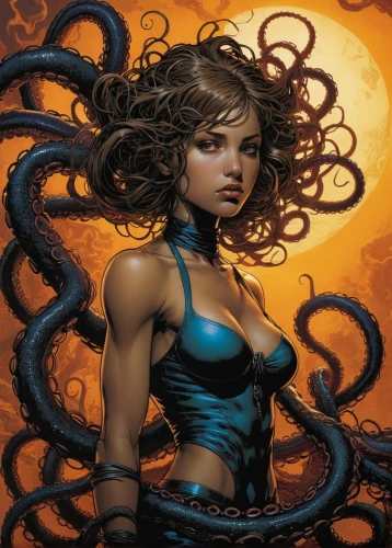 medusa,medusa gorgon,gorgon,rosa ' amber cover,sci fiction illustration,merfolk,blue enchantress,heroic fantasy,shaper,sorceress,sea snake,blue snake,fantasy woman,the enchantress,katniss,mystique,fantasy art,darth talon,burning hair,cnidaria,Illustration,American Style,American Style 02