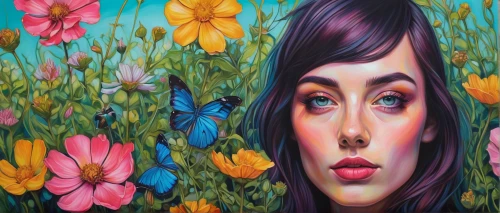 girl in flowers,flower painting,flower wall en,flower art,girl in the garden,meticulous painting,oil painting on canvas,mural,art painting,blanket of flowers,floral composition,pollinate,flora,floral background,wall painting,woman's face,flower background,beautiful girl with flowers,fabric painting,girl picking flowers,Conceptual Art,Daily,Daily 15