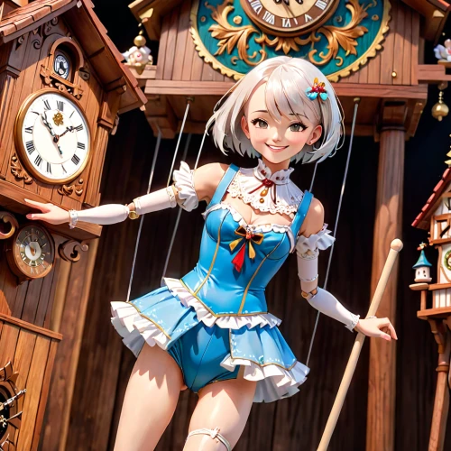 kantai collection sailor,alice,marionette,clockmaker,cuckoo clock,piko,oktoberfest background,majorette (dancer),cuckoo clocks,kotobukiya,painter doll,fairy tale character,wood background,grandfather clock,hanging clock,fantasy girl,tiber riven,baton twirling,tumbling doll,wooden swing,Anime,Anime,General