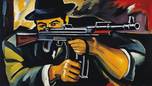 man holding gun and light,rifleman,kalashnikov,fiddler,mexican revolution,gunfighter,al capone,guy fawkes,pistols,gun,robber,gunpoint,spy,pistol,holding a gun,girl with a gun,woman holding gun,picasso,david bates,firearm,Art,Artistic Painting,Artistic Painting 37