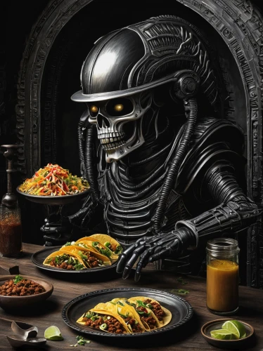tacos,tex-mex food,tacos food,taco,appetite,endoskeleton,mexican food,barbacoa,tacamahac,carne asada,fajita,chef,chipotle,black plates,grilled food,dark mood food,cholado,kids' meal,enjoy the meal,dining,Conceptual Art,Sci-Fi,Sci-Fi 02