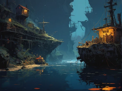 harbor,ghost ship,ship wreck,shipwreck,sunken ship,backwater,exploration of the sea,docks,old ships,docked,monkey island,submerged,the endless sea,deep sea,pirate ship,undersea,sea night,sea fantasy,pirate treasure,harbour,Conceptual Art,Sci-Fi,Sci-Fi 01