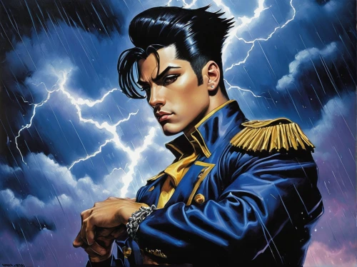 pompadour,thunderstorm mood,thunderbolt,elvis presley,purple rain,thunder,storm,san storm,prince,power icon,monsoon banner,lightning bolt,elvis,thunderstorm,monsoon,mercury,thunderclouds,thundercloud,blue rain,typhoon,Illustration,Realistic Fantasy,Realistic Fantasy 10