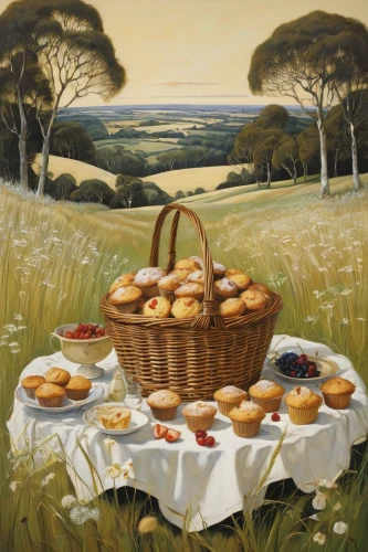 colomba di pasqua,breadbasket,cream tea,bread basket,picnic basket,basket with apples,basket of apples,bread rolls,pastries,scones,kolach,carol colman,grant wood,breads,bakery products,butter breads,bakery,tortas de aceite,picnic,still life with jam and pancakes,Illustration,Retro,Retro 21