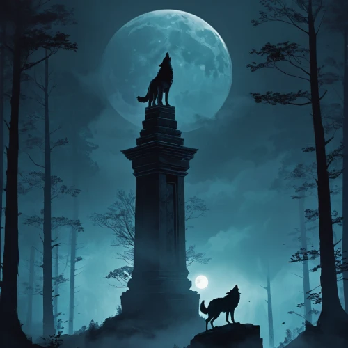 howling wolf,black shepherd,moonlit night,kelpie,night watch,man and horses,necropolis,blue moon,werewolves,fantasy picture,wolf,obelisk,deer illustration,howl,wolves,moonlit,pilgrimage,hanged man,horseman,lunar,Conceptual Art,Fantasy,Fantasy 02