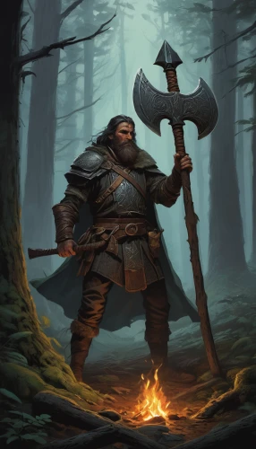 dane axe,woodsman,quarterstaff,dwarf sundheim,throwing axe,druid,massively multiplayer online role-playing game,game illustration,axe,barbarian,thorin,sward,the wanderer,blacksmith,druid stone,broadaxe,pall-bearer,druid grove,lone warrior,dwarf,Conceptual Art,Oil color,Oil Color 19