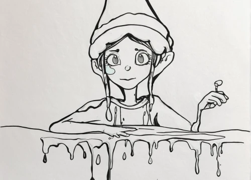 elf hat,elf,three-lobed slime,drops of milk,coffee tea drawing,milkmaid,shower cap,fondant,bath with milk,stalagmite,dipper,bath salt,christmas gnome,baby elf,slime,the girl in the bathtub,wood elf,garden gnome,elves,water glace,Illustration,Black and White,Black and White 34