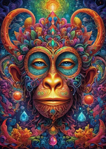 pachamama,ganesha,mantra om,psychedelic art,hanuman,lsd,third eye,brahma,kundalini,tantra,ganesh,acid,aura,deity,buddha,chakras,anahata,shaman,garuda,the zodiac sign taurus,Illustration,Realistic Fantasy,Realistic Fantasy 39