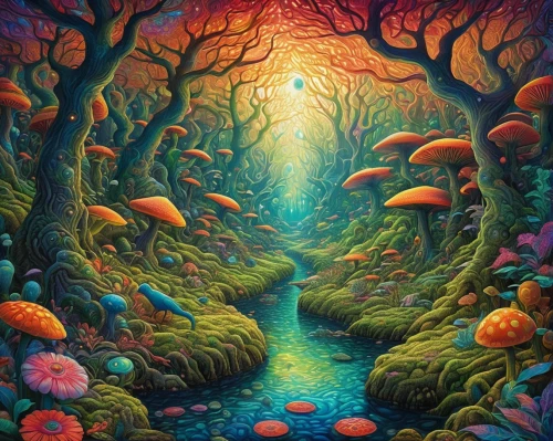 mushroom landscape,fairy forest,forest of dreams,forest path,the mystical path,enchanted forest,fairytale forest,pathway,fantasy landscape,forest landscape,coral reef,autumn forest,fairy world,forest floor,tree grove,the path,elven forest,underwater landscape,forest glade,hollow way,Illustration,Japanese style,Japanese Style 11