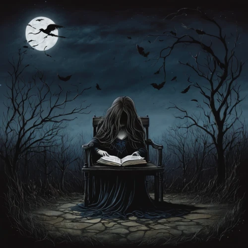 dark art,gothic woman,nocturnes,dark gothic mood,nocturnal bird,nocturnal,witch house,insomnia,gothic,dark angel,moonlit night,reading owl,writing-book,gothic portrait,gothic style,night administrator,divination,of mourning,sleepwalker,halloween and horror,Illustration,Paper based,Paper Based 28
