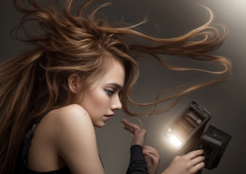 mystical portrait of a girl,burning hair,hair iron,woman holding a smartphone,the long-hair cutter,romantic portrait,fantasy portrait,portrait photographers,world digital painting,girl drawing,photo painting,camera illustration,woman thinking,cosmetic brush,artificial hair integrations,hair dryer,photo manipulation,photomanipulation,lighter,hairstyler,Common,Common,Natural