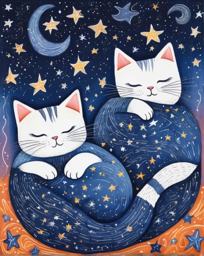 night stars,two cats,stars and moon,celestial bodies,cat lovers,capricorn kitz,starry night,starry sky,blue pillow,the moon and the stars,stargazing,cat family,moon night,starry,cats,felines,moons,sleeping cat,vintage cats,the stars,Art,Artistic Painting,Artistic Painting 33