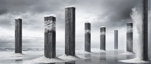 pillars,columns,ice landscape,organ pipes,icicles,ice hotel,ice castle,infinite snow,ice wall,monolith,wooden poles,icicle,concrete blocks,cube stilt houses,ghost forest,ice floes,roman columns,stonehenge,test tubes,megalith facility harhoog,Photography,Black and white photography,Black and White Photography 07
