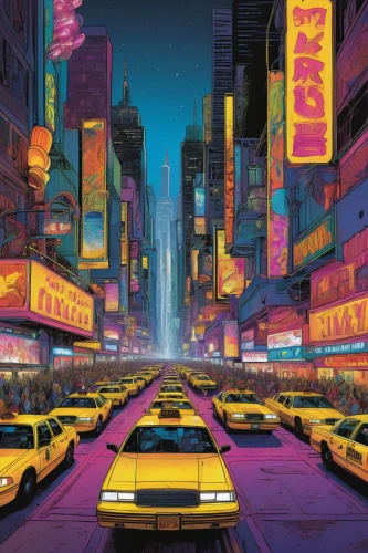 tokyo city,new york taxi,colorful city,tokyo,yellow taxi,taxi cab,hong kong,tokyo ¡¡,cyberpunk,shinjuku,shanghai,cabs,fantasy city,cityscape,kowloon,city lights,yellow car,city car,cities,cab driver,Illustration,American Style,American Style 03