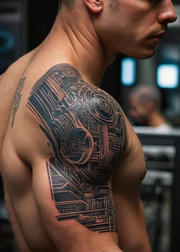 with tattoo,tattoo,biomechanical,cyborg,maori,tattoos,aztec,ribs back,tattooed,outline,rib cage,sleeve,my back,lotus tattoo,war machine,body art,forearm,ink,connective back,on the arm,Photography,Documentary Photography,Documentary Photography 36