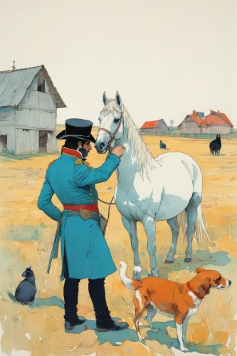 man and horses,boy and dog,horse herder,working animal,veterinary,lapponian herder,beagador,veterinarian,pony farm,cavalry,basset artésien normand,horse trainer,stable animals,hunting scene,two-horses,mongolia,bremen town musicians,equestrianism,herder,fox hunting,Illustration,Paper based,Paper Based 19