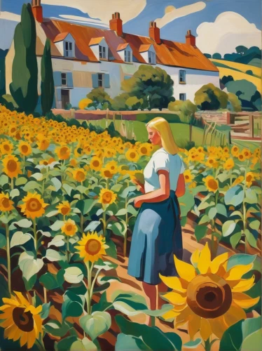 sunflower field,sunflowers,sun flowers,sunflowers in vase,girl in the garden,girl picking flowers,marguerite,sunflower coloring,poppy on the cob,yellow garden,david bates,grant wood,cottage garden,flower field,cape marguerite,the garden marigold,breton,sunflower,cape marguerites,vegetables landscape,Art,Artistic Painting,Artistic Painting 41