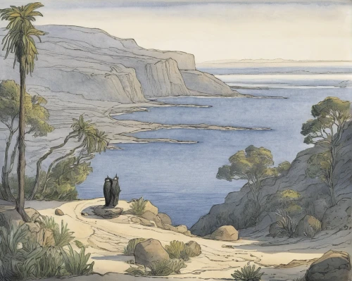 landscape with sea,edward lear,coastal landscape,beach landscape,palm pasture,landscape,desert landscape,sea landscape,santa barbara,an island far away landscape,the mediterranean sea,cliff coast,mediterranean sea,river landscape,panoramic landscape,mediterranean,lycian,aswan,aqaba,lycian way,Illustration,Black and White,Black and White 29