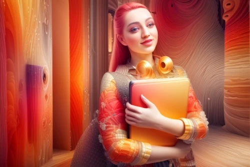 blonde woman reading a newspaper,digital compositing,image manipulation,photoshop manipulation,girl studying,photomanipulation,photo manipulation,salesgirl,woman holding a smartphone,girl in cloth,girl with cloth,seamstress,correspondence courses,orange robes,web banner,dressmaker,art deco woman,orange,bright orange,image editing