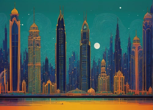 wallpaper dubai,city skyline,dubai,city cities,cityscape,burj khalifa,burj,dubai marina,tall buildings,uae,skyline,fantasy city,cities,sci fiction illustration,united arab emirates,futuristic landscape,metropolises,city scape,metropolis,art deco background,Illustration,Black and White,Black and White 21