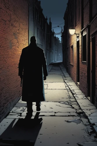 hooded man,blind alley,alley,kingpin,alleyway,man silhouette,sleepwalker,detective,walking man,overcoat,old linden alley,black city,alley cat,silhouette of man,in the shadows,private investigator,al capone,album cover,sleepwalking,mafia,Illustration,American Style,American Style 14