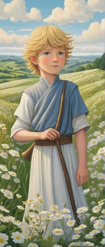 little girl in wind,dandelion field,mayweed,chamomile in wheat field,girl with bread-and-butter,woman of straw,girl picking flowers,field of cereals,the good shepherd,pilgrim,blooming field,field of flowers,lily of the field,dandelion meadow,straw field,tall field buttercup,shepherd,prairie,good shepherd,milkmaid,Illustration,Abstract Fantasy,Abstract Fantasy 03