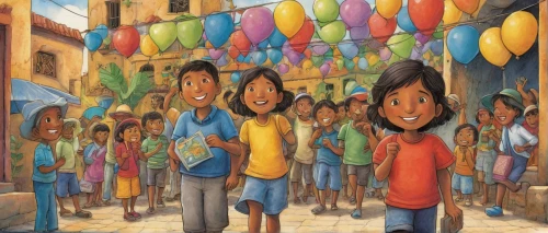 mexican calendar,a collection of short stories for children,mural,antigua guatemala,colorful balloons,little girl with balloons,diwali festival,colourful pencils,color pencils,children's paper,umbrellas,santiago di cuba,honduras,world children's day,antigua,el salvador,the festival of colors,kites,overhead umbrella,walk with the children,Illustration,Children,Children 03