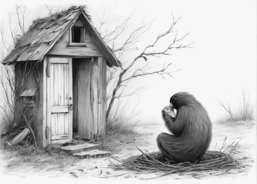 outhouse,depressed woman,fairy door,lonely house,loneliness,the little girl's room,charcoal nest,wood doghouse,shed,shelter,witch house,isolation,lonely child,knothole,doghouse,dwelling,dog house,wooden hut,home or lost,to be alone,Illustration,Black and White,Black and White 35