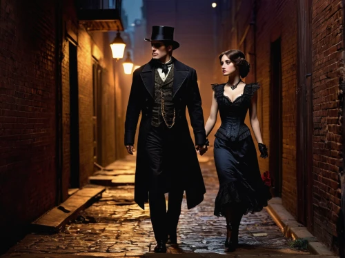 victorian fashion,vintage man and woman,roaring twenties couple,gentlemanly,the victorian era,frock coat,gothic fashion,victorian style,man and woman,tuxedo just,man and wife,tuxedo,mobster couple,dress walk black,steampunk,formal wear,spy visual,whitby goth weekend,top hat,vesper,Illustration,American Style,American Style 08