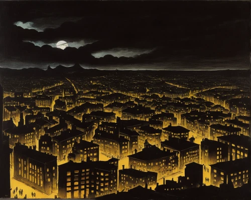 city in flames,black city,night scene,destroyed city,city at night,metropolis,matruschka,evening city,apocalyptic,nocturnes,post-apocalyptic landscape,city scape,walpurgis night,city cities,high-rises,the pollution,cityscape,ervin hervé-lóránth,apocalypse,cities,Art,Classical Oil Painting,Classical Oil Painting 21