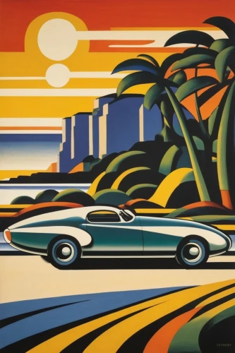 classic car and palm trees,travel poster,art deco,art deco background,cadillac de ville series,chrysler airflow,aronde,casablanca,automobiles,bmw 328,art deco woman,vintage cars,travel trailer poster,hudson hornet,classic cars,vintage art,american classic cars,retro automobile,cool woodblock images,packard caribbean,Art,Artistic Painting,Artistic Painting 39