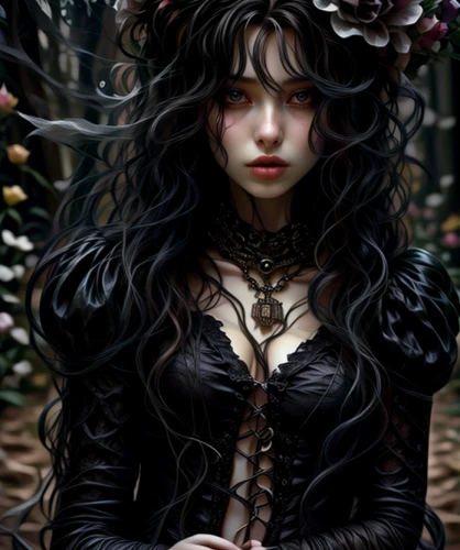 black rose,gothic woman,faery,the enchantress,gothic portrait,victorian lady,faerie,gothic fashion,fantasy portrait,dryad,elven flower,gothic style,fairy queen,goth woman,undergrowth,dark gothic mood,mystical portrait of a girl,black rose hip,gothic,maiden anemone