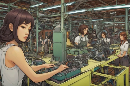 sewing factory,assembly line,typesetting,manufacture,factories,manufacturing,factory,dream factory,heavy water factory,industry 4,manufactures,riveting machines,machinery,machining,shoemaking,industry,industrial plant,sewing machine,industries,industrial fair,Illustration,Japanese style,Japanese Style 15