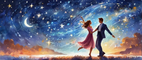 the moon and the stars,starry sky,ballroom dance,ballroom dance silhouette,the stars,fantasy picture,falling stars,dancing couple,romantic scene,waltz,moon and star background,the night sky,romantic night,star winds,couple silhouette,a fairy tale,constellations,falling star,fairy tale,starscape,Illustration,Japanese style,Japanese Style 19