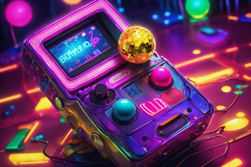 80s,disco,80's design,retro music,eighties,retro eighties,pinball,cassette,mobile video game vector background,retro background,musicassette,rave,garish,party icons,neon candies,colorful foil background,retro items,game art,microcassette,abstract retro,Illustration,Realistic Fantasy,Realistic Fantasy 38