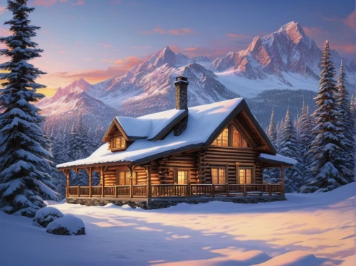 log cabin,the cabin in the mountains,winter house,mountain hut,log home,house in mountains,snow house,house in the mountains,alpine hut,mountain huts,small cabin,chalet,snowhotel,winter landscape,snow shelter,snowy landscape,beautiful home,winter background,snow landscape,winter village,Illustration,Realistic Fantasy,Realistic Fantasy 44