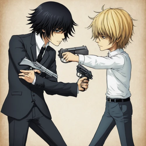detective conan,fist bump,duel,sword fighting,hands holding,stage combat,hand in hand,protecting,shinigami,holding a gun,arm wrestling,screw gun,fighting poses,clamp,business men,fighting stance,revolver,hand to hand,pistols,shaking hands,Illustration,Abstract Fantasy,Abstract Fantasy 02
