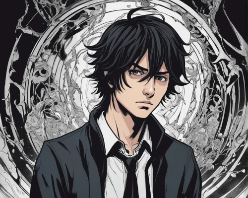 vanitas,watchmaker,shinigami,the son of lilium persicum,yukio,black crow,howl,clockmaker,edit icon,corvin,coloring,black dragon,main character,disheveled,gothic portrait,portrait background,ren,cogs,locket,wrought,Illustration,Black and White,Black and White 12