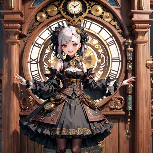 steampunk,clockmaker,grandfather clock,steampunk gears,kantai collection sailor,vexiernelke,portrait background,harajuku,fairy tale character,rococo,baroque,stechnelke,astronomical clock,victorian style,alice,honmei choco,clock,victorian,antique background,watchmaker,Anime,Anime,General