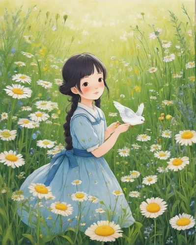 girl picking flowers,flower painting,girl in flowers,daisy flower,daisies,picking flowers,meadow daisy,field of flowers,daisy flowers,blooming field,sea of flowers,flower field,dandelion meadow,dandelion field,little girl in wind,springtime background,spring background,flower background,falling flowers,meadow play,Illustration,Japanese style,Japanese Style 09