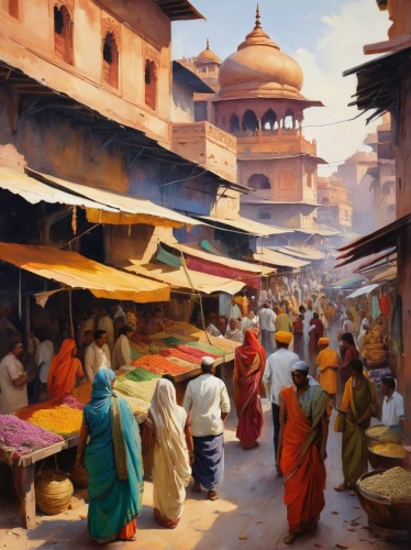 spice market,the market,large market,durbar square,covered market,market,kathmandu,jaisalmer,vendors,indian art,agra,vegetable market,jaipur,bazaar,market stall,india,principal market,the festival of colors,souk,marketplace,Art,Classical Oil Painting,Classical Oil Painting 12