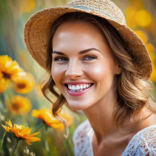 beautiful girl with flowers,cosmetic dentistry,girl wearing hat,a girl's smile,yellow sun hat,natural cosmetics,girl in flowers,natural cosmetic,sunflower lace background,portrait photographers,romantic portrait,flower hat,portrait photography,high sun hat,flower background,beauty face skin,sun hat,straw hat,woman's hat,the hat-female,Conceptual Art,Oil color,Oil Color 22