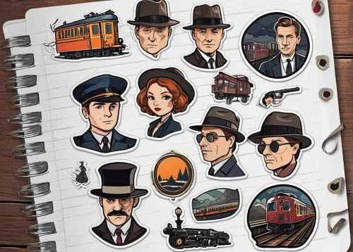 icon set,gentleman icons,inspector,attache case,trains,detective,railroads,steam icon,international trains,amtrak,retro cartoon people,guide book,spy visual,mafia,trackers,note book,coaches and locomotive on rails,suitcases,set of icons,clue and white,Unique,Design,Sticker