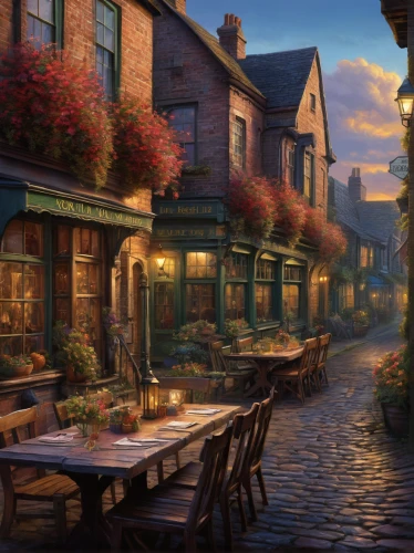 medieval street,the cobbled streets,cobblestone,medieval town,robin hood's bay,cobblestones,old town,evening atmosphere,fantasy landscape,old city,world digital painting,fantasy picture,street cafe,cobbles,spa town,narrow street,the old town,irish pub,watercolor cafe,summer evening,Illustration,Realistic Fantasy,Realistic Fantasy 32