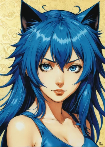 aqua,cat on a blue background,sapphire,gentiana,blue tiger,kat,feline,kitsune,cat with blue eyes,anime 3d,2d,hamearis lucina,felidae,blue painting,azure,winterblueher,blu,hinata,blue hair,blue enchantress,Illustration,Japanese style,Japanese Style 05